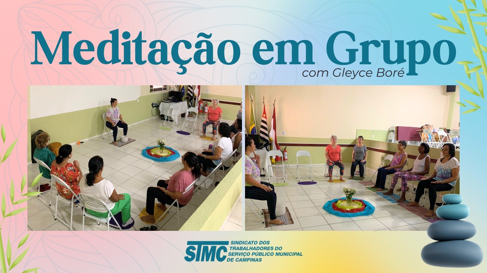 Aposentadas e pensionistas participam de meditação em grupo com a terapeuta Gleyce Boré. 